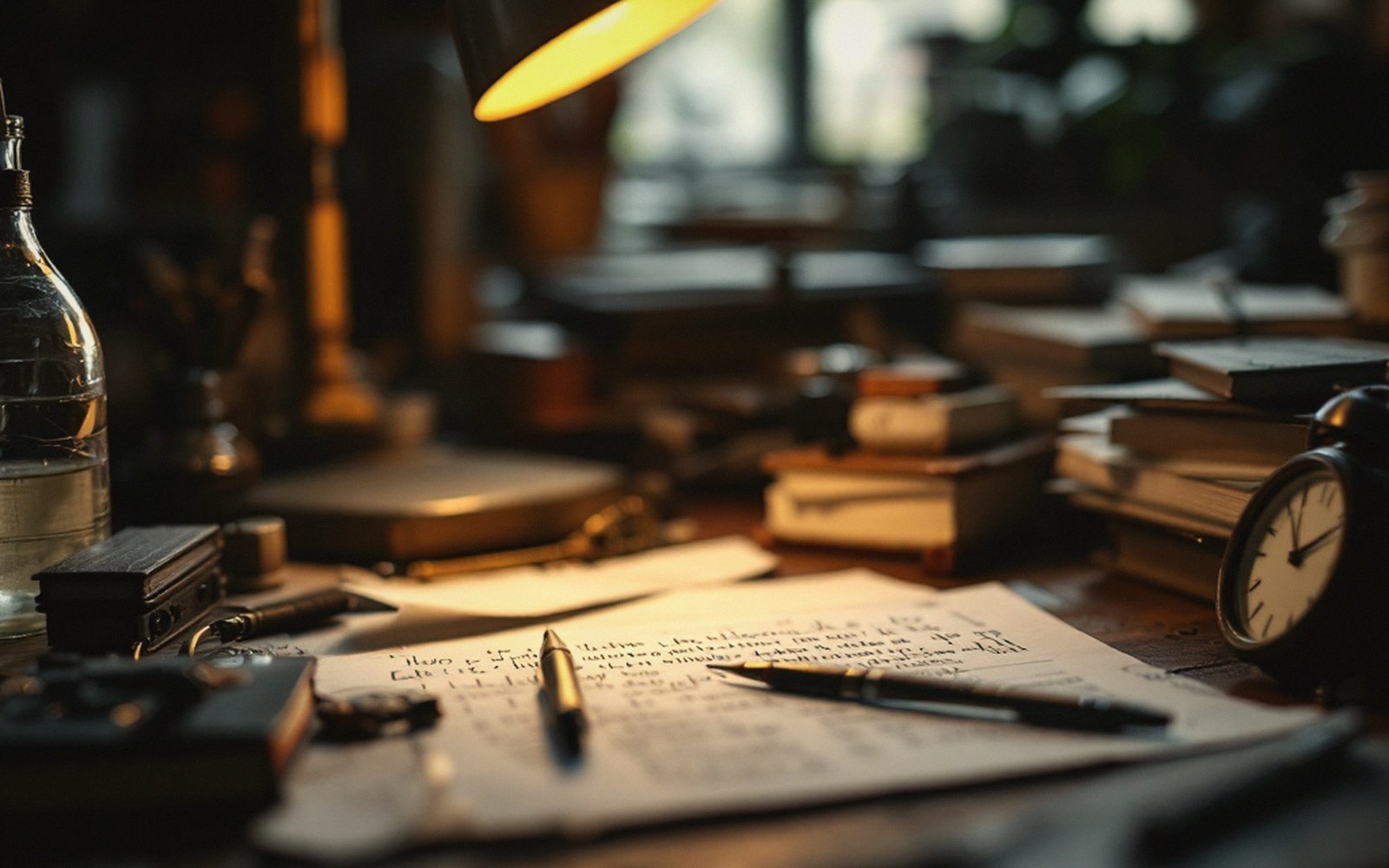 Cluttered desk with handwritten notes, pens, stacked books and a clock under lamplight