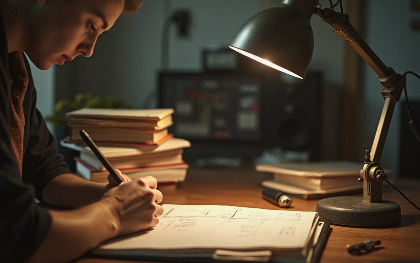 A student writes at a desk lit by a lamp, books stacked nearby