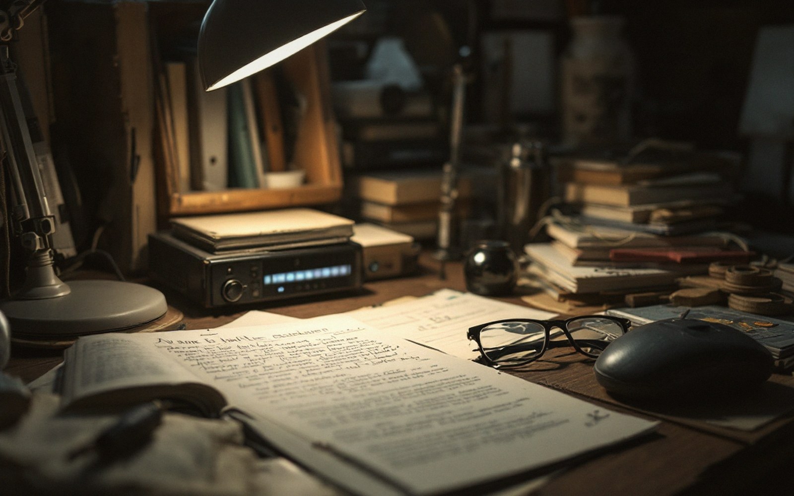 A cluttered desk with a handwritten notebook, glasses, mouse and lamp illuminating the scene