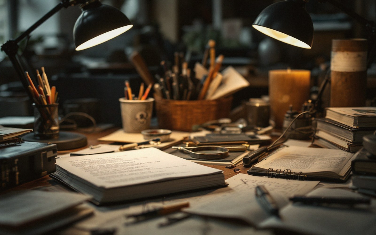 Cluttered writer's desk with open notebooks, magnifying glass, pens and lamps casting warm light