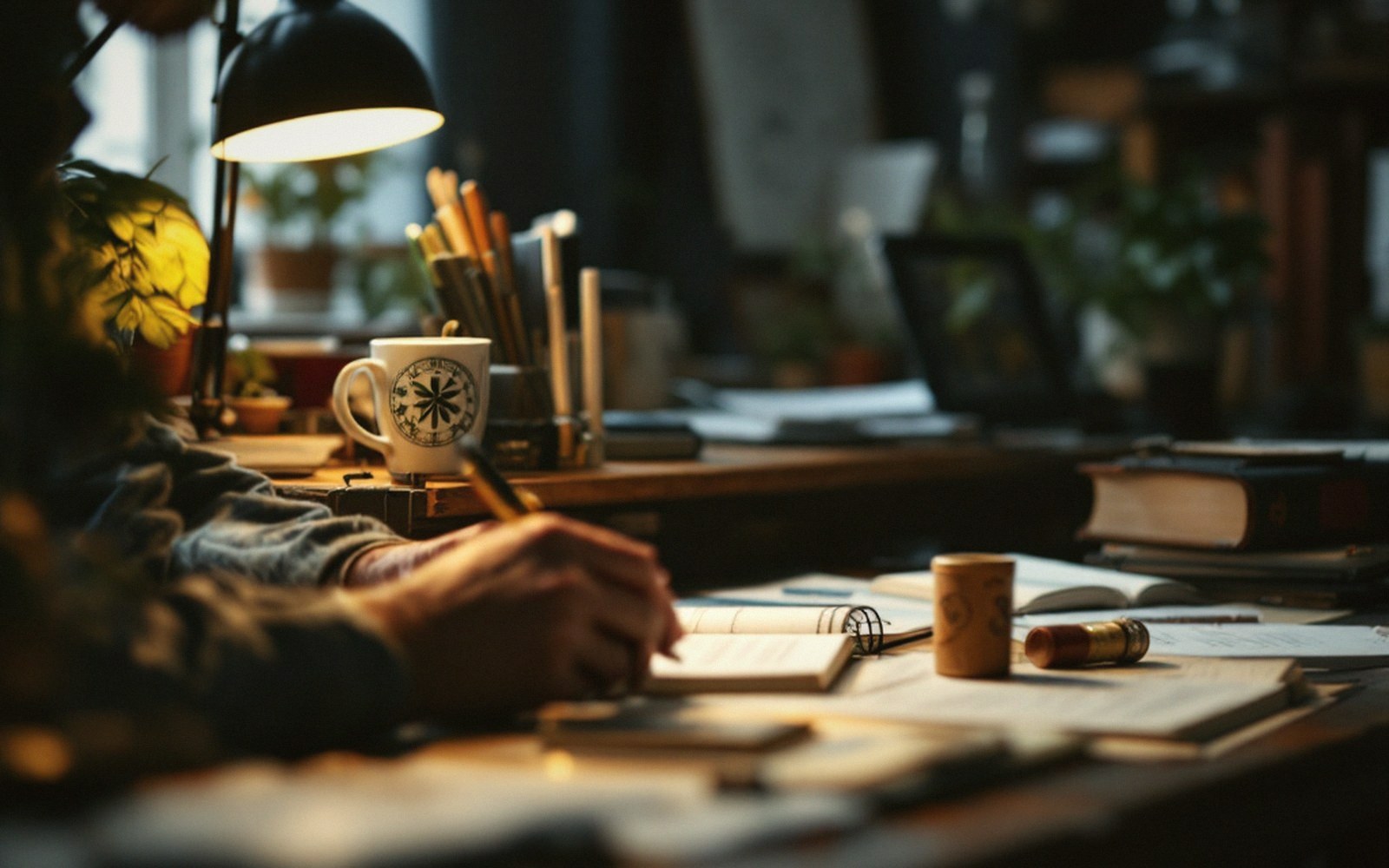 An adult alone at a desk mid-recall with the book shut